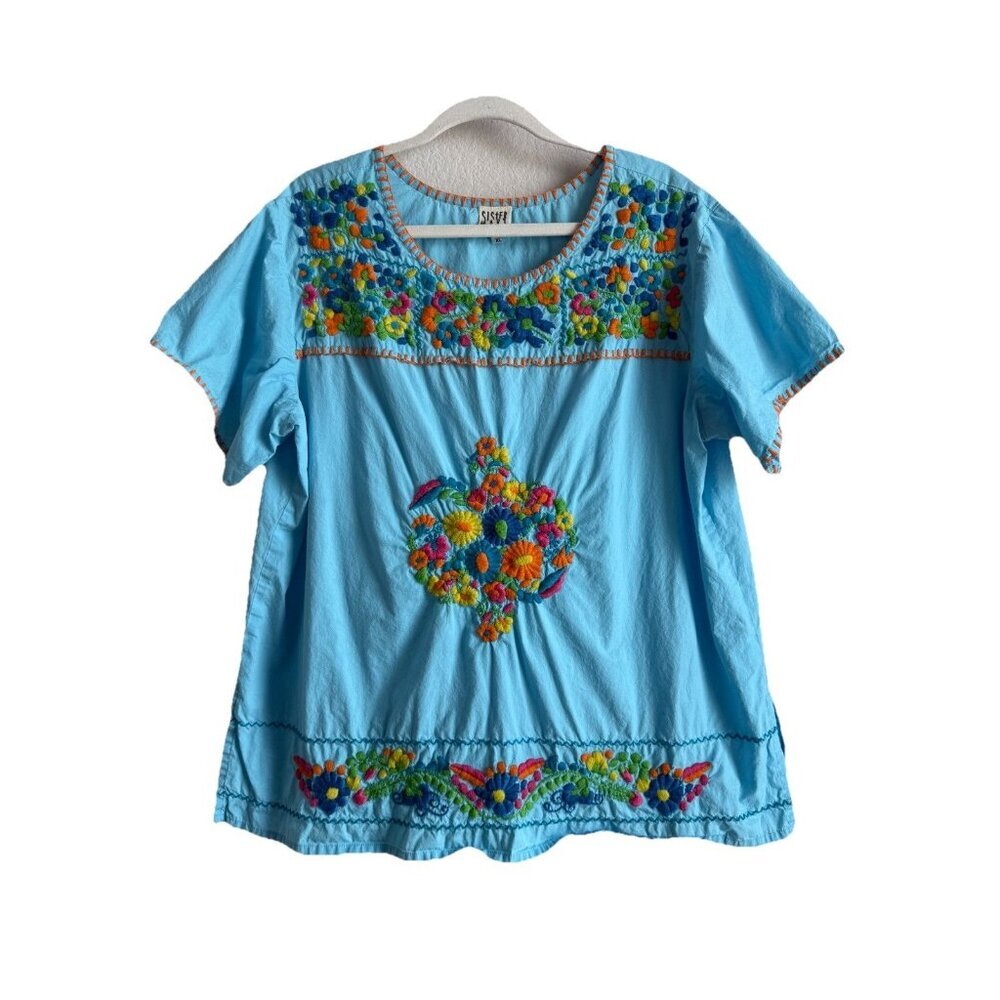Sister Mary Belinda Women's Top‎ Turquoise Knit Embroidered Floral Boho Size XL